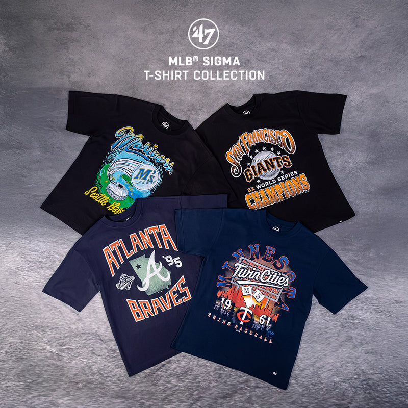 Four t-shirts with sports team graphics on a gray textured background, featuring the '47' brand and MLB Sigma collection.